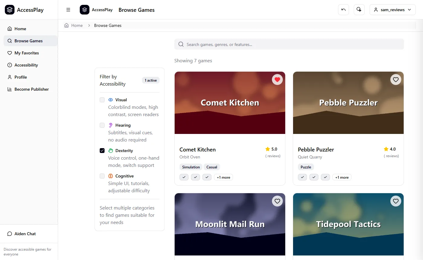 Browse Games page with the Dexterity accessibility filter switched on, showing seven matching games as cards with their genres, ratings and accessibility tags.