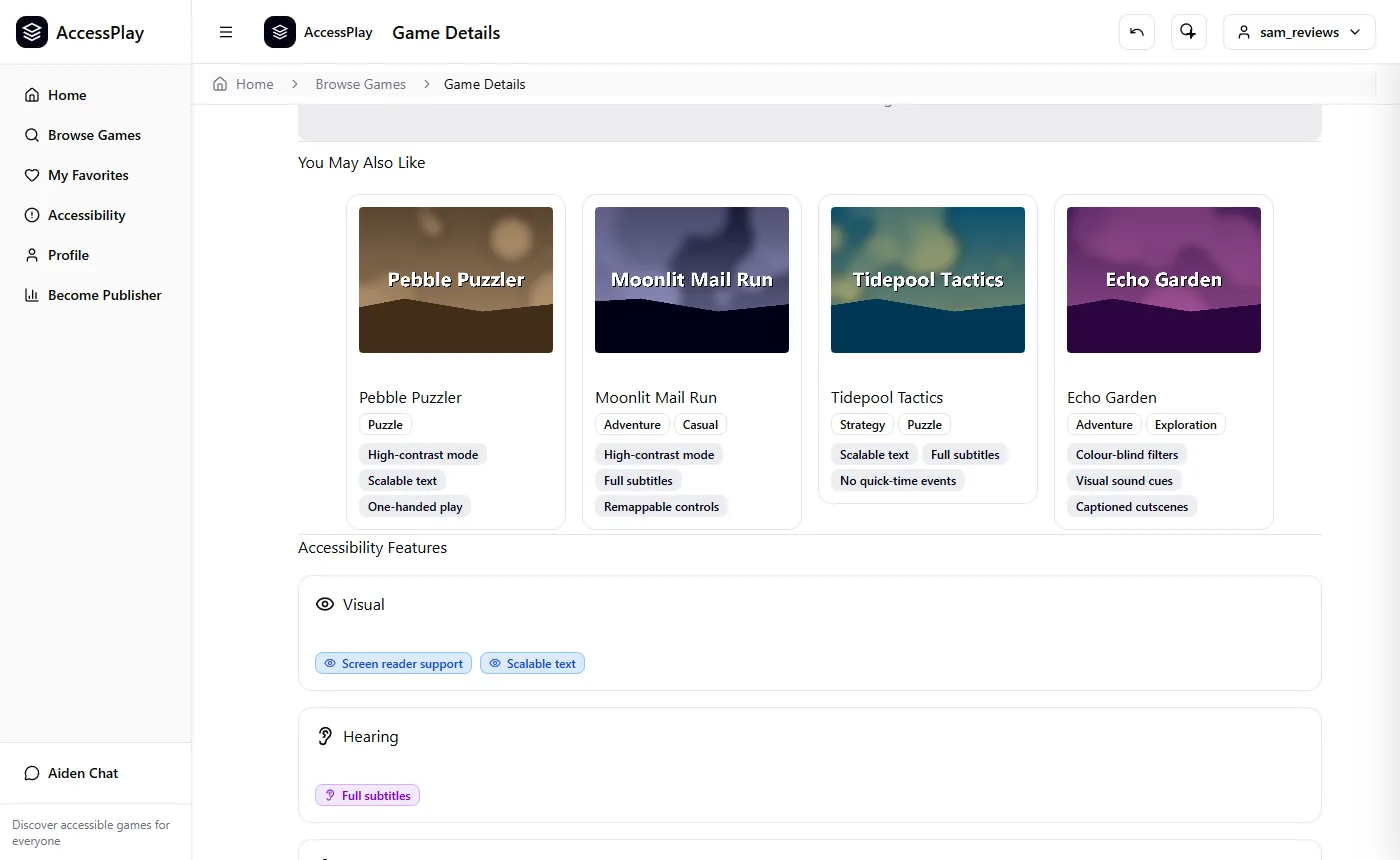 Game detail page: a 'You May Also Like' row of four similar games with their accessibility tags, above the game's own accessibility features grouped under Visual and Hearing.