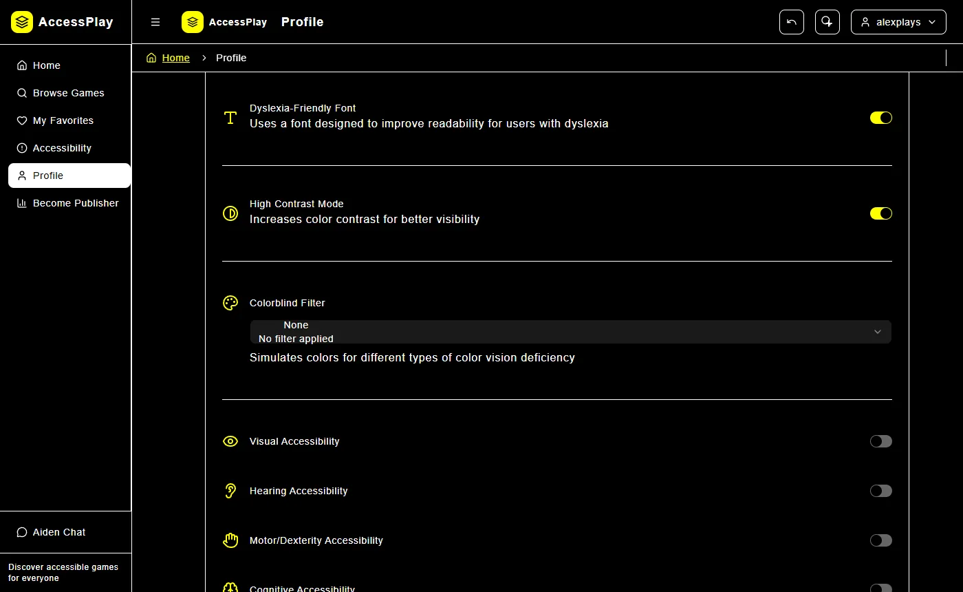 Accessibility preferences on the profile page, shown in high-contrast mode with the dyslexia-friendly font and high-contrast switches turned on and a colour-blind filter selector.