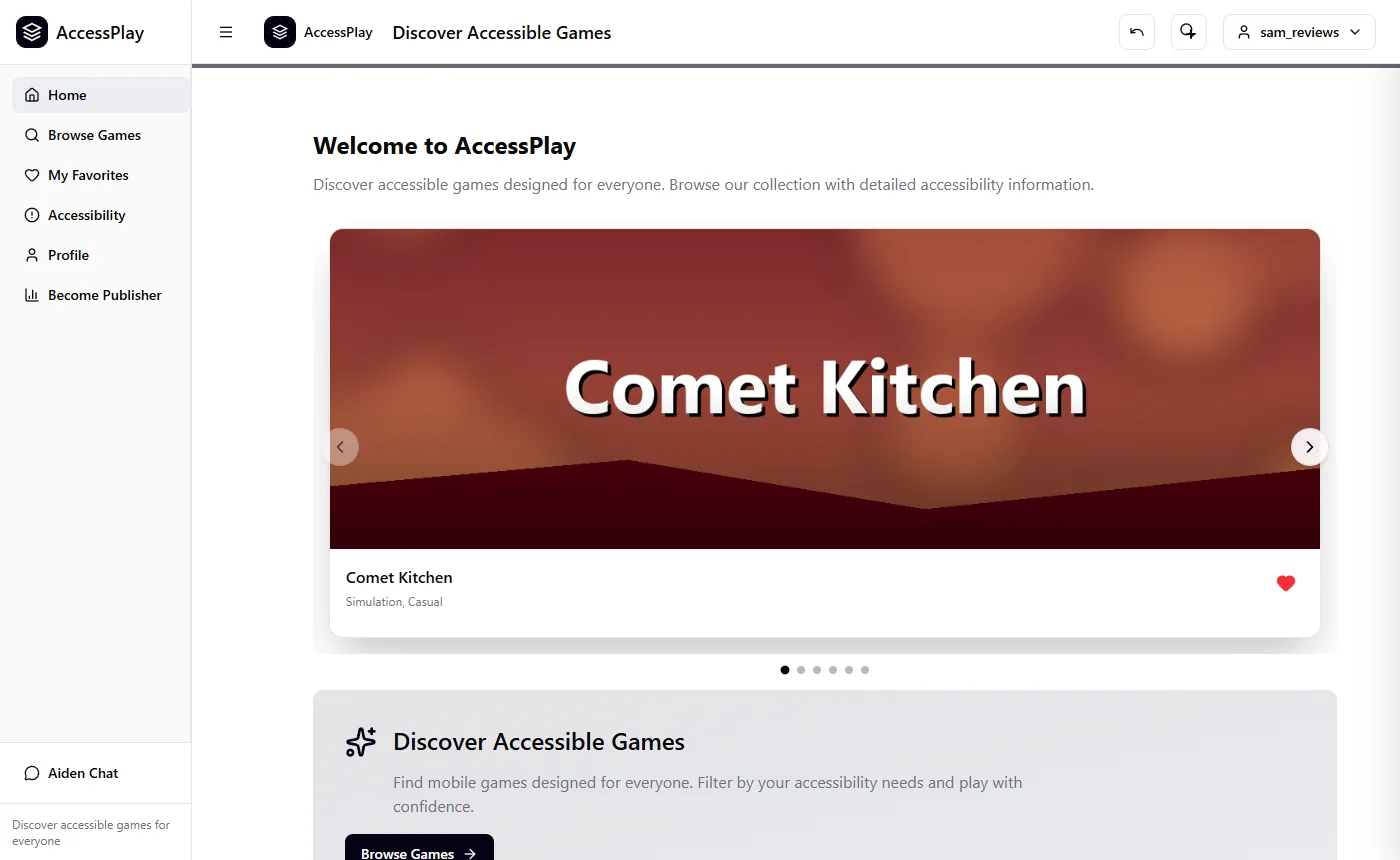 Home page welcoming the user to AccessPlay, with a featured-games carousel and a favourite button on the current game.