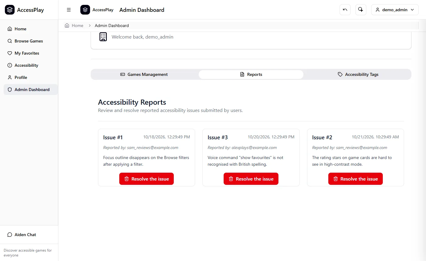 Admin accessibility reports: three issue cards submitted by users, each showing the reporter, the date and a button to resolve the issue.