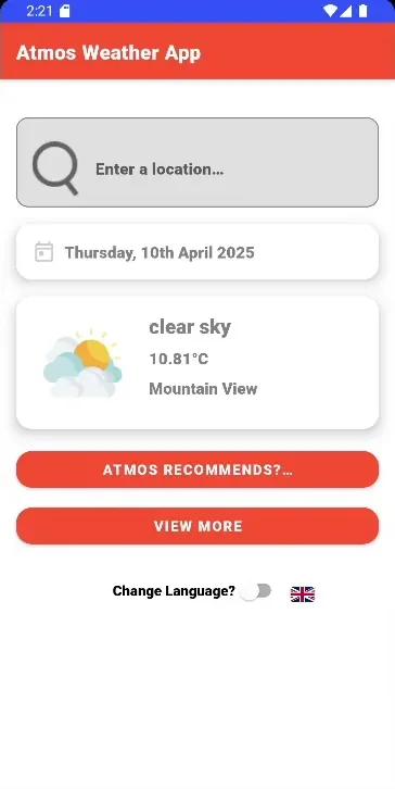 Main weather screen for Thursday 10th April 2025 showing clear sky and 10.81°C in Mountain View, with a city search box, Atmos Recommends and View More buttons, and a language switch.