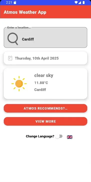 The main screen after searching for Cardiff: clear sky and 11.88°C, with the icon changed to a sun.