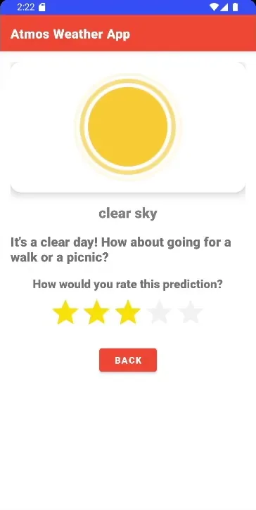 Recommendation screen with an animated sun, the suggestion 'It's a clear day! How about going for a walk or a picnic?' and a five-star rating bar with three stars selected.