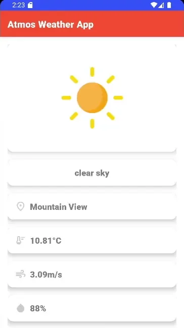 Full weather screen with a sun icon and cards for clear sky, Mountain View, 10.81°C, 3.09 m/s wind and 88% humidity.