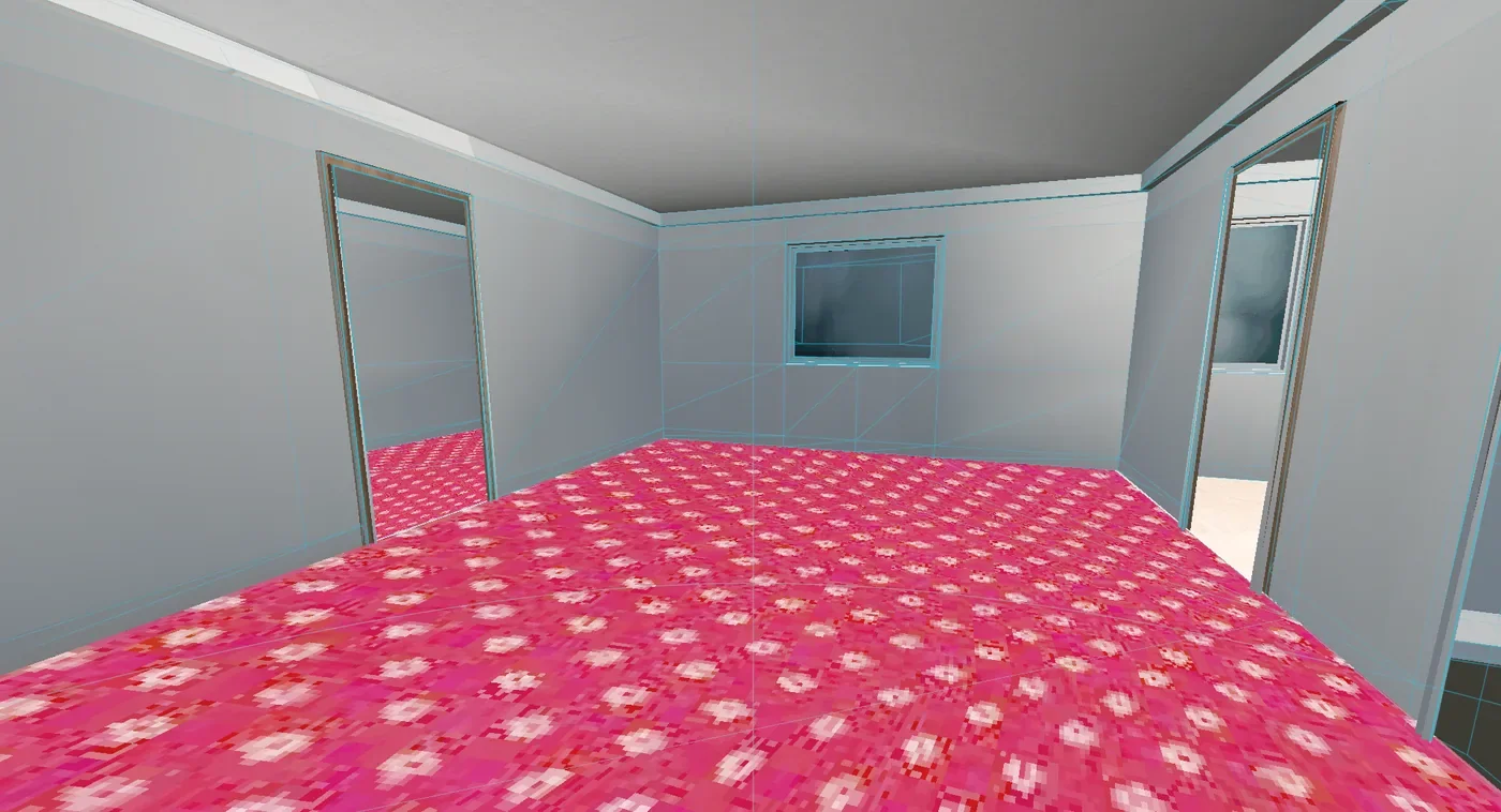 First-person view inside the apartment with the PlayStation-style shaders on: a pink patterned carpet made of chunky texels, grey walls, a window on the far wall and open doorways to the rooms on either side. Thin cyan lines are Godot's debug outlines of the collision shapes.