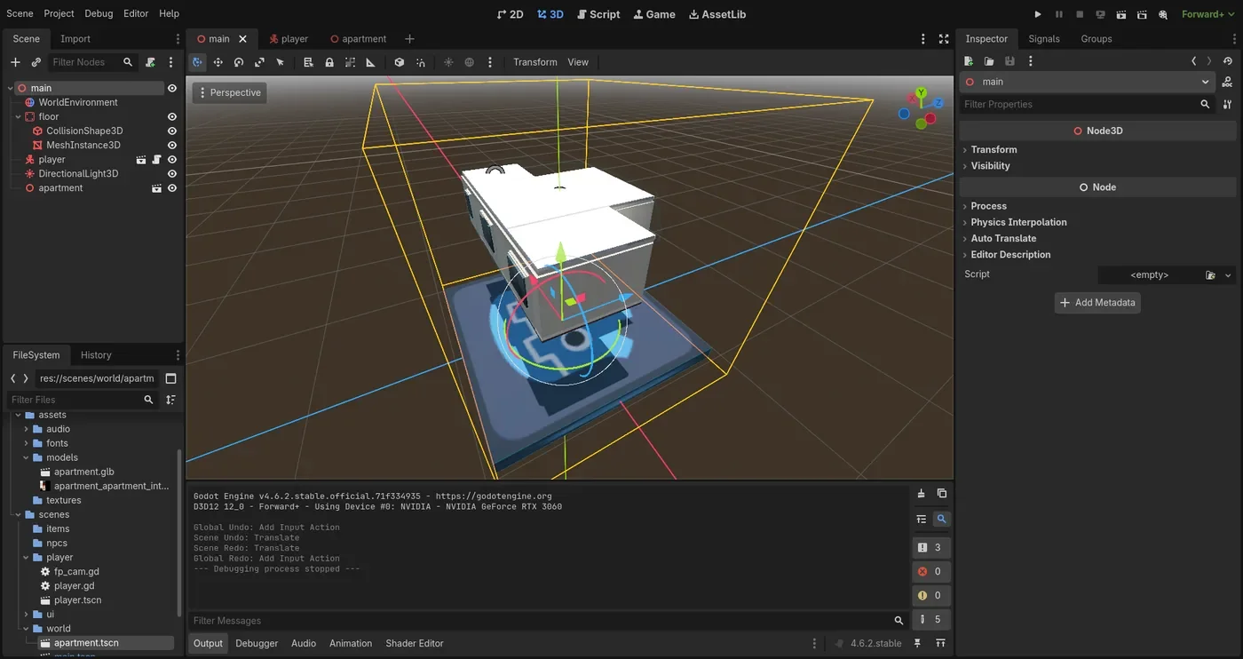 The Godot editor with the main scene open. The scene tree lists the world environment, a floor, the player, a directional light and the apartment, and the 3D viewport shows the apartment model above a test floor textured with the Godot logo.