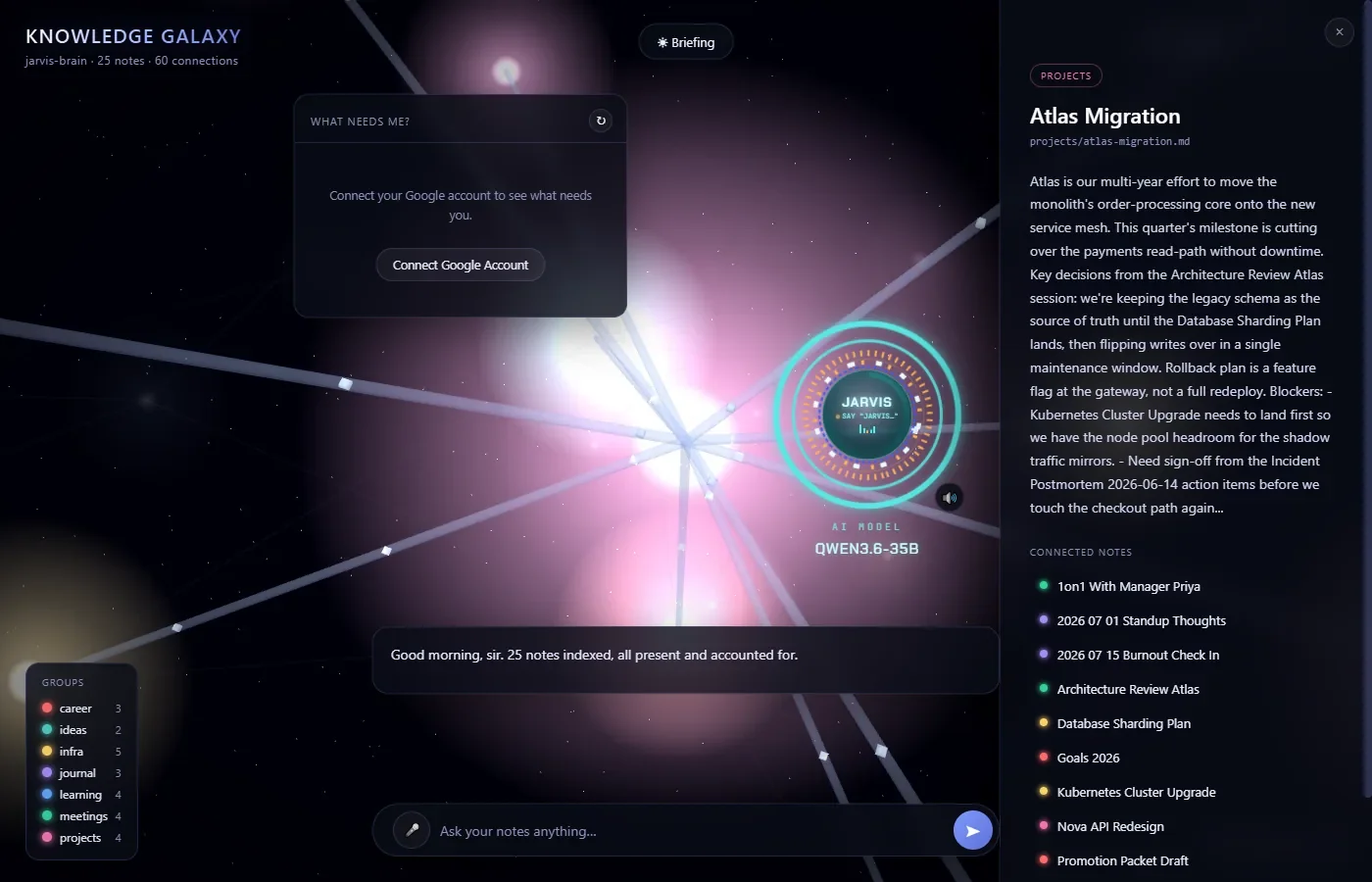 The Atlas Migration note opened from search: the camera has flown to its star and a side panel shows the note's folder, text and connected notes.