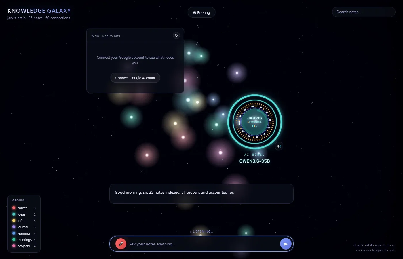 Voice input in progress: the microphone button glows red, the status line reads Listening and the HUD shows Listening.
