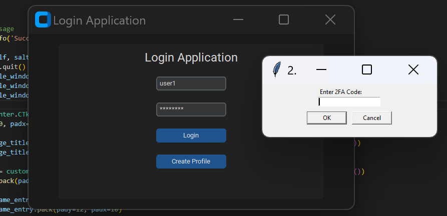 Initial picture of my login application with user1 details entered and a pop-up prompting the user for their 2FA code.
