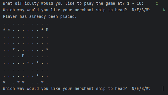 A picture of my merchant ship game in the terminal using python.