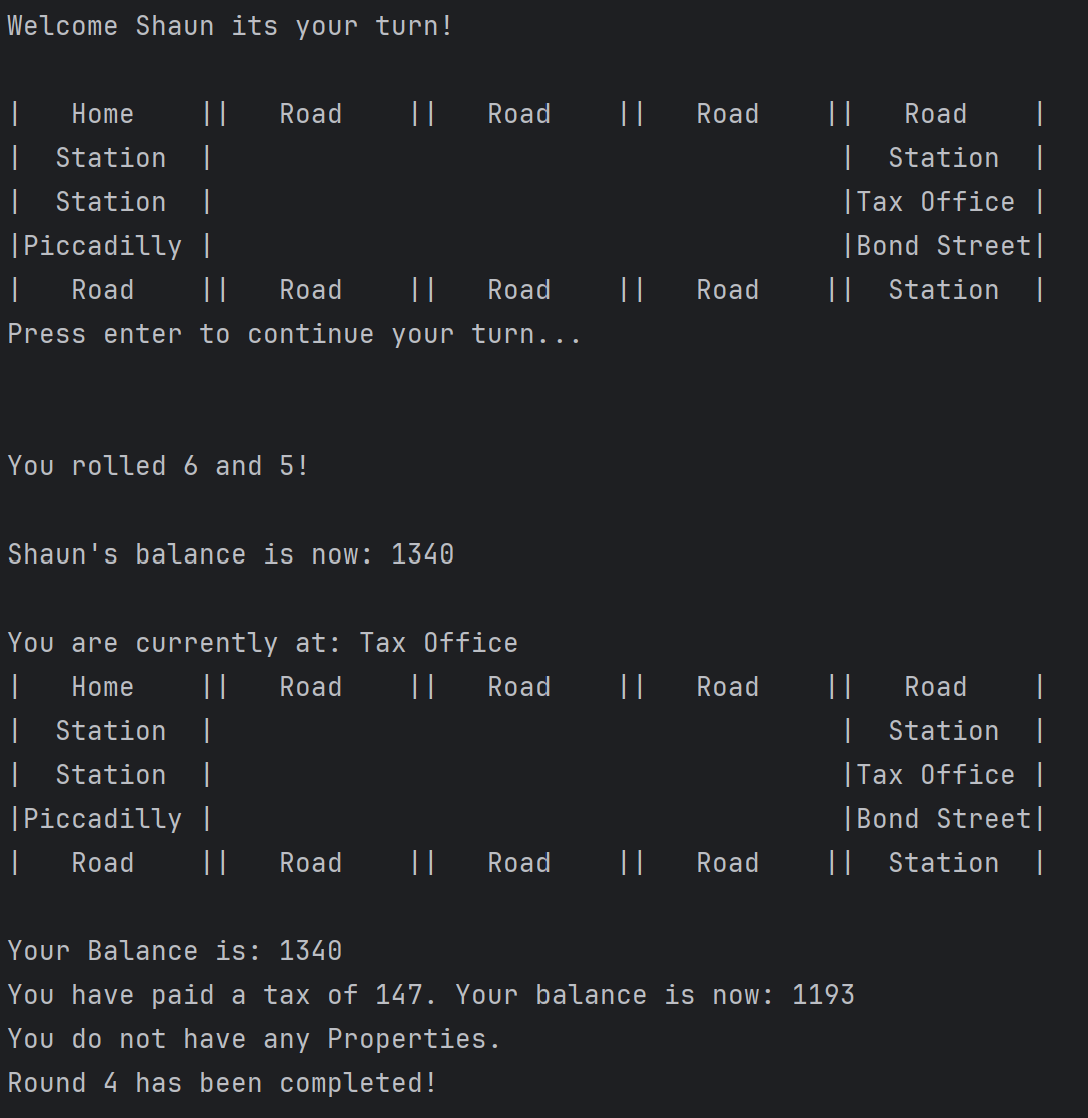 A picture of the terminal monolpoly game I developed.