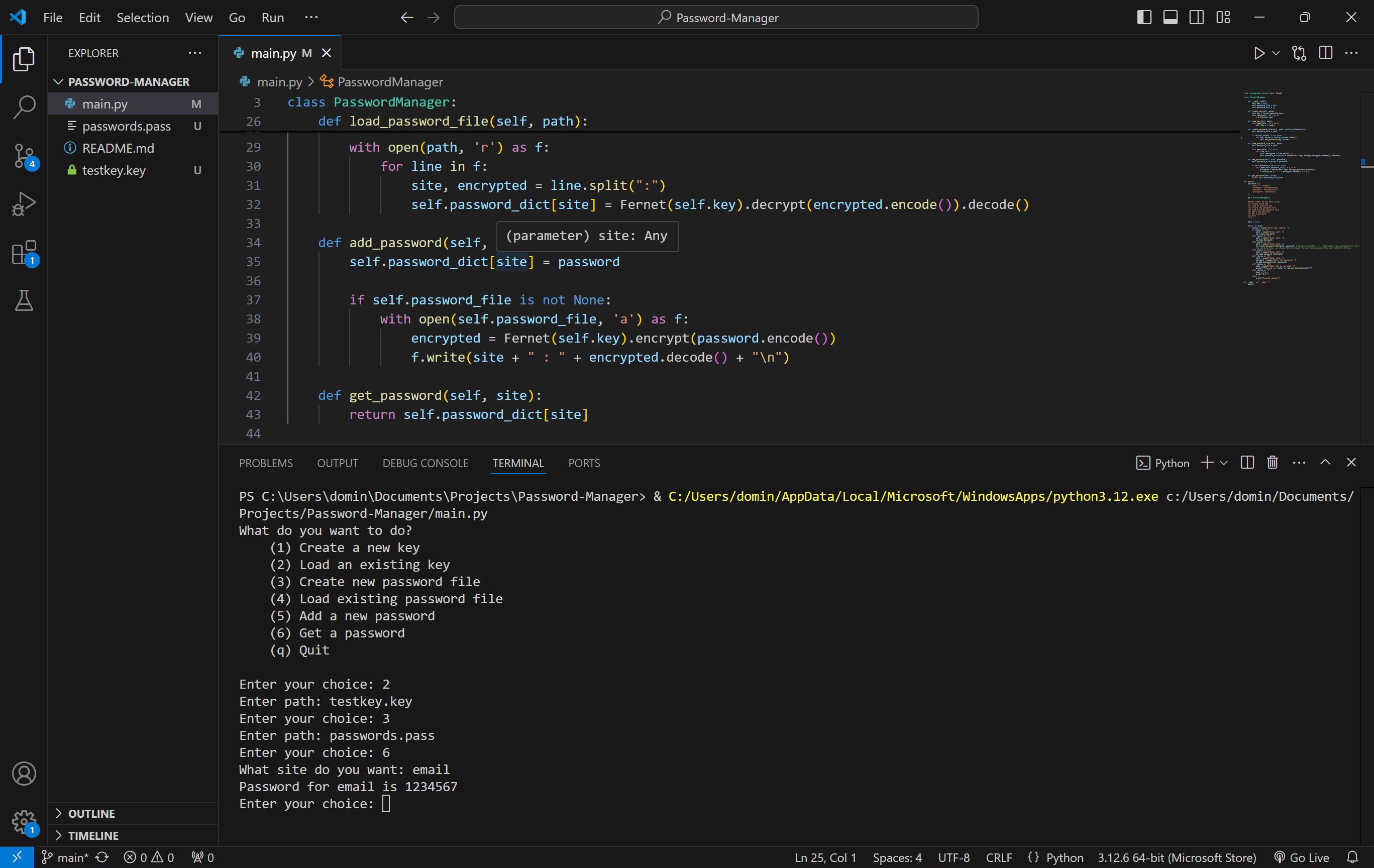 A display of how the password manager looks in the terminal.