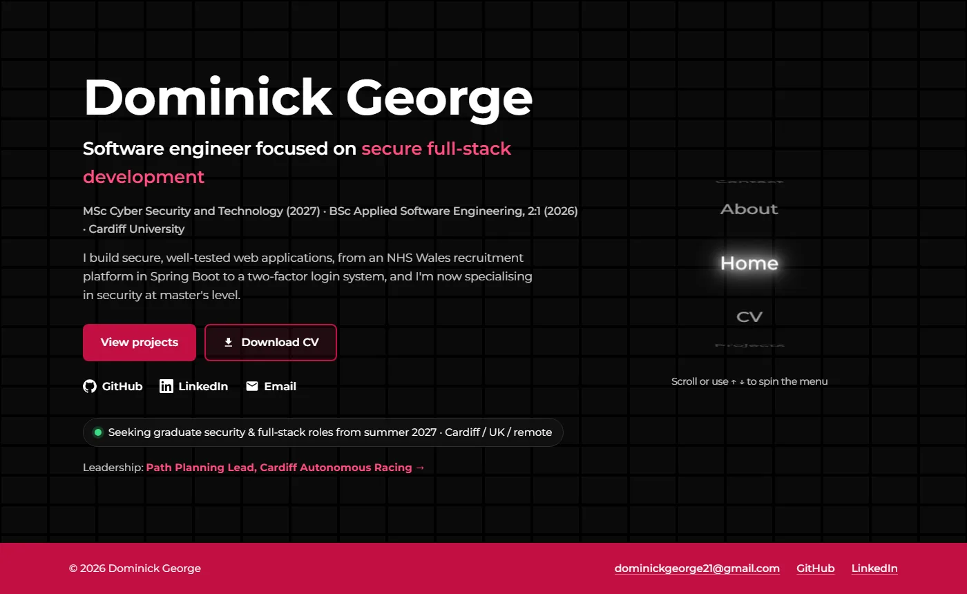 The home page of this site: my name, a short introduction, buttons to view projects and download my CV, and the 3D menu on an animated grid background.