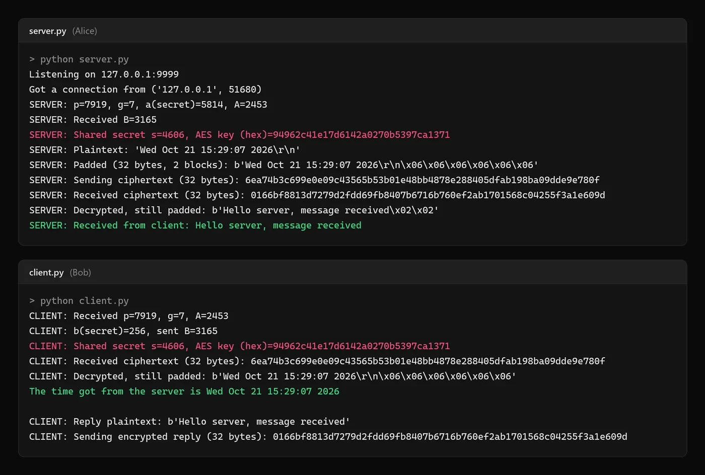 Two terminal windows from one run. The server sends p=7919, g=7 and its public value A; the client replies with its public value B; both print the same shared secret and AES key. The server then sends the encrypted time, which the client decrypts, and the server decrypts the client's encrypted reply.