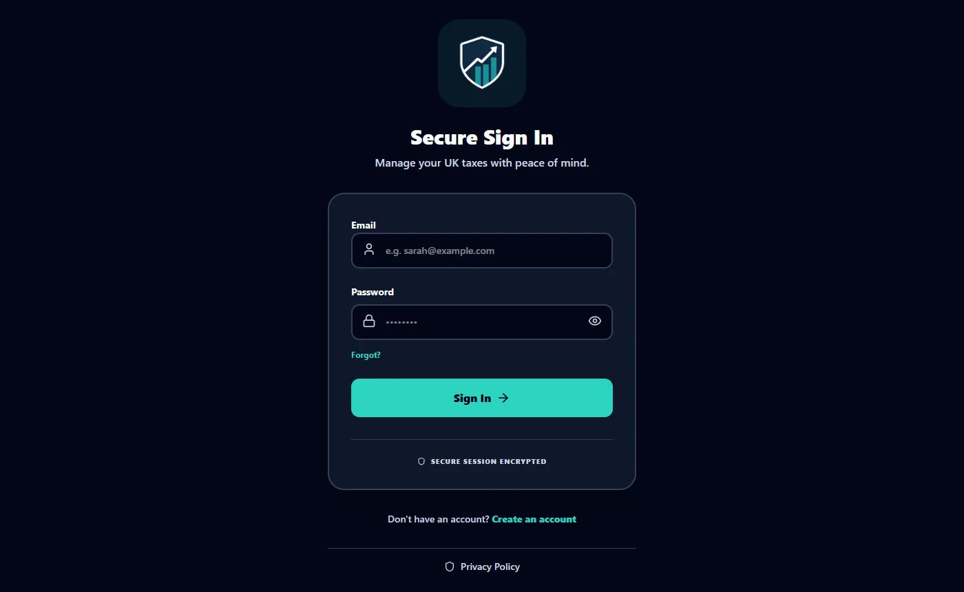 TaxAlly's Secure Sign In page with email and password fields, a show-password toggle and a Sign In button.