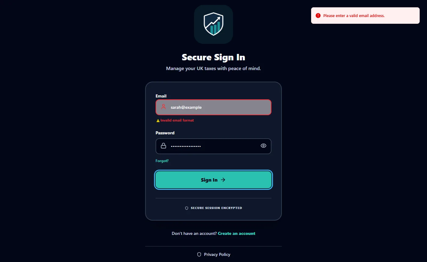 Sign-in validation: the email field is highlighted with 'Invalid email format' and a notification asks for a valid email address.