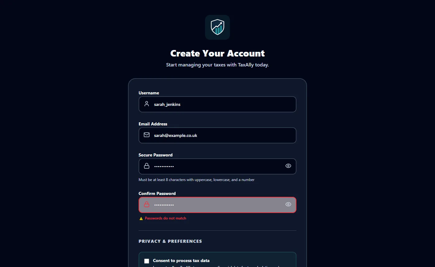 Create Your Account page with username, email, password and confirm-password fields; the confirm field is flagged 'Passwords do not match'.