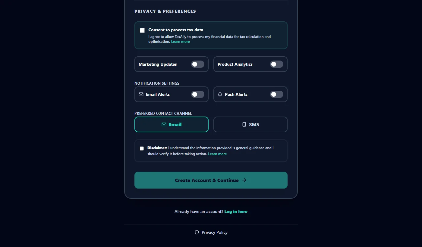 Privacy and preferences on registration: consent to process tax data, marketing and analytics toggles, notification settings, preferred contact channel and a disclaimer before Create Account and Continue.