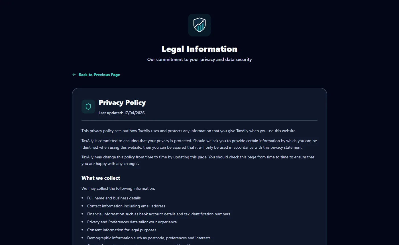Legal Information page showing TaxAlly's privacy policy and a list of the data it collects.