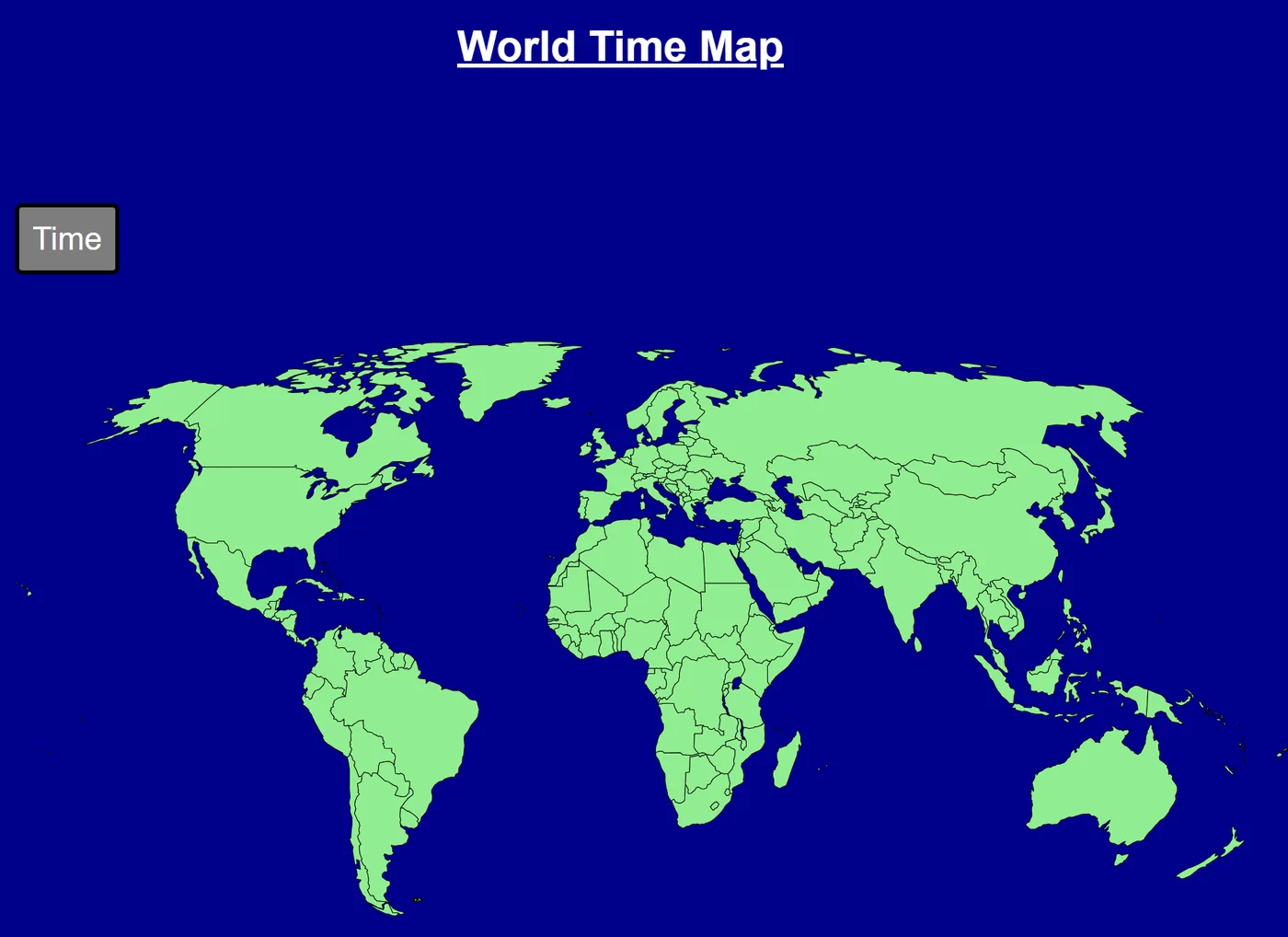 World Time Map page: a world map with the countries in green on a blue background, and a Time button.